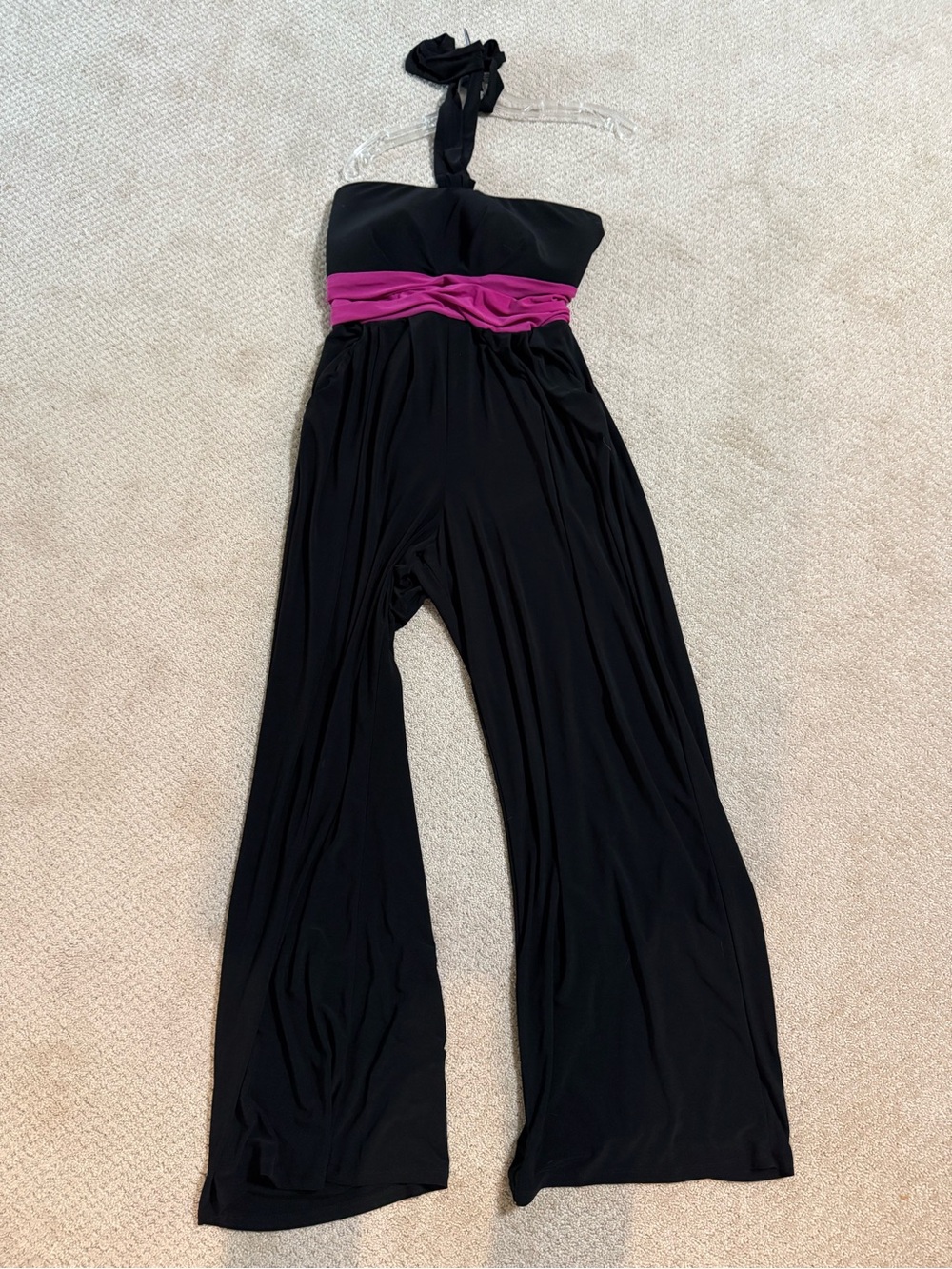 Ashley Stewart Black Halter tie Jumpsuit with Fuchsia Waistband